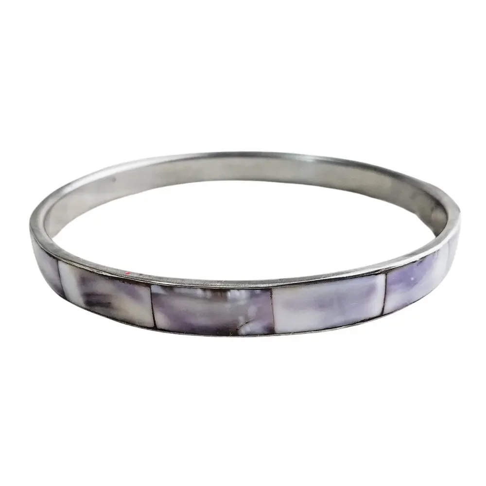 Vintage Mother of Pearl Inlay Bangle Bracelet Purple & Silver Tone MOP Fashion